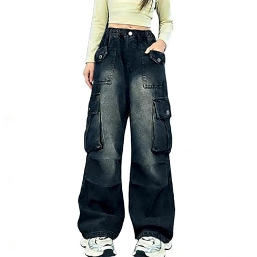 Image of Girls Jeans, Kids Baggy Wide Leg Denim Pants Elastic High Waist Palazzo Trousers Casual Embroidery Hip Hop Dance Bottoms Ripped Distressed Stretchy Streetwear Black 12-13 Years