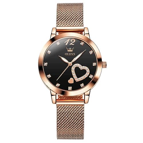 Image of OLEVS Womens Watch Big Face Classic Black Arabic Numerals Dial Ladies Watches Rose Gold Mesh Belt Analog Quartz Women's Wrist Watch Luxury Diamond Heart Luminous Waterproof Watches for Women