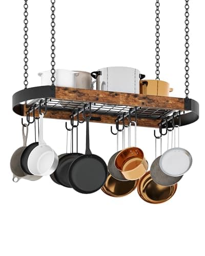 Image of CHOEZON 80,5 cm Hanging Pot Rack, Space-Saving Pot Hanger for Kitchen, Ceiling Pan Hanging Rack with 16 Detachable S Hooks, Sturdy Metal Frame, Industrial Style, Rustic Brown and Black DTPR09BF