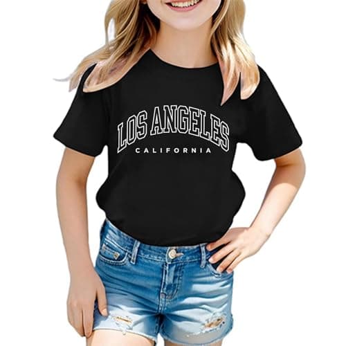 Image of Vuncio Crewneck Tshirts for Kids Girls Age 2-14 Years Los Angeles T Shirts Tops for Teenage Girls Short Sleeve Loose Graphic Summer Athletic Casual School Vacation Blouse (13-14 Years, Black)