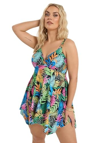 Image of Yours Curve Black Tropical Print Hanky Hemline Swimdress - Women's - Plus Size Curve