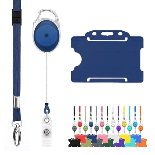 Image of Retractable Lanyard and Badge Holder Trio Triple Pack by LanyardsTomorrow - Set Includes A Single Plain Lanyard, Extendable Carabiner Yoyo Reel Clip and Rigid ID Card Holder (Navy)