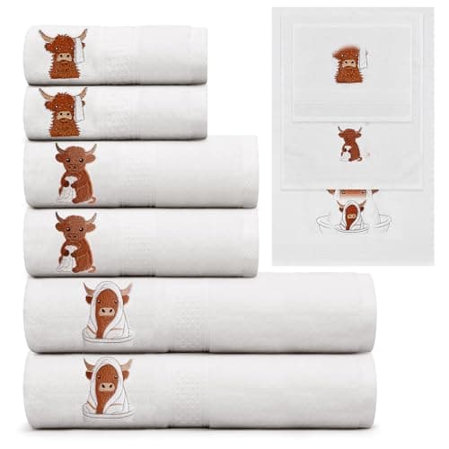 Image of Peryiter 6 Pack Cotton Christmas Bath Towels Set White Highland Cow Towels for Bathroom, Soft and Absorbent, Contains 2 Bath Cloth, 2 Hand Cloth and 2 Washcloths
