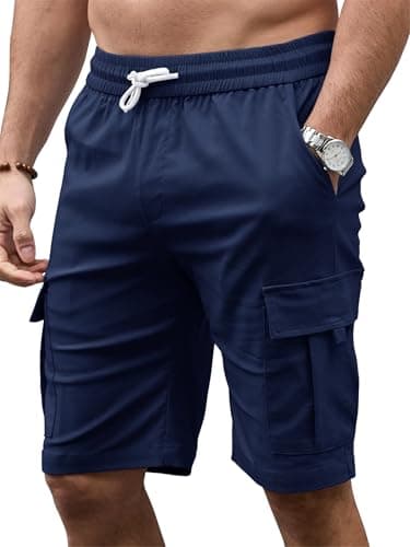 Image of Tolaler Mens Cargo Shorts Summer Casual Elasticated Waist Work Shorts Combat Drawstring Fit with Multi Pockets Sports Outdoor Walking Hiking Navy Blue XL