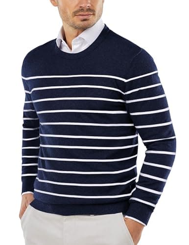 Image of COOFANDY Men's Crew Neck Jumpers Knitted Jumper Striped Jumpers Mens Sweaters Navy Blue White XXL
