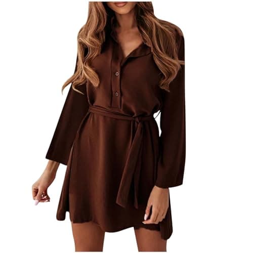 Image of Zeiayuas Women's Casual Summer Button Down Shirt Dress Collared V Neck Long Sleeve Belted Dresses Elegant Formal Work Chiffon Dress Brown