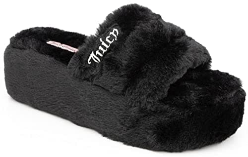 Image of Juicy Couture Women's Faux Fur Platform Slippers – Fluffy Cozy Indoor Outdoor Slip-On House Shoes, World-black, 7 UK