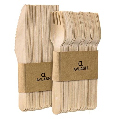 Image of Avlash ® Pack of 200 Wooden Disposable Knives & Forks, Compostable & Biodegradable Disposable Wooden Cutlery Set, Plastic Free, Eco Friendly - (100pcs Knife & 100pcs Fork)