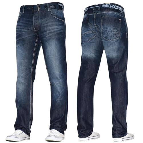 Image of Crosshatch Mens Stretch Straight Leg Jeans Trousers Free Belt Stylish Fashion Branded Denim by JEANBASE Darkwash 34W X 32L