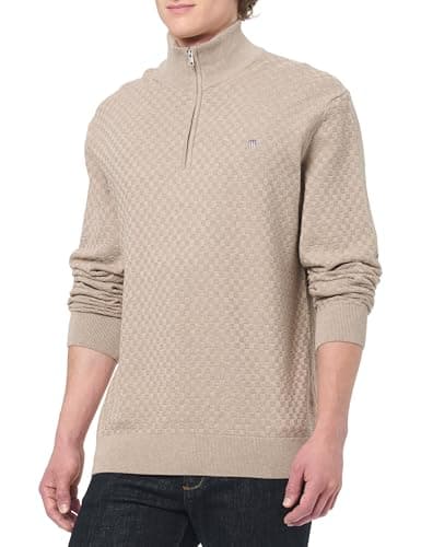 Image of GANT Mens Half Zip Jumper Long Sleeve Cotton Sand Melange L