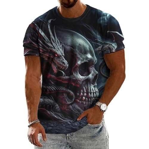 Image of Skull Tshirts for Men,Casual Spooky Dragon Skull Graphic Tees - Gothic Summer Clothes Loose Fit Daily Dark Dragon L