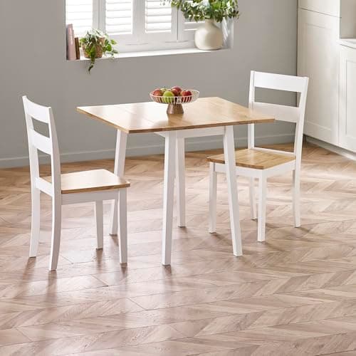 Image of Julian Bowen Linwood Folding Dining Table, White and Oak Effect 45-90cm Extending Kitchen Table for 2-4 People with 2 Drop Leaf Extensions, Square Farmhouse Style for Dining Room