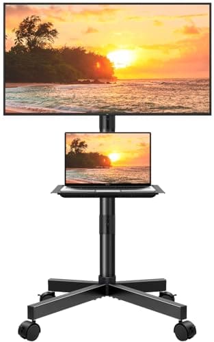 Image of KKTONER Mobile TV Cart for 23 to 60-inch LCD LED Flat Screen/Curved TVs Floor TV Stand on Wheels with Height Adjustable Shelf Max VESA 400x400mm Rolling Floor TV Trolley Holds up to 40KG