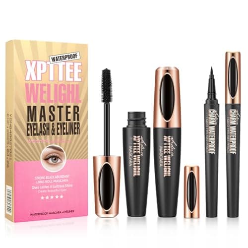 Image of Black Mascara & Eyeliner Set - 4D Silk Fiber Lash Mascara Waterproof with Liquid Eyeliner Kit - Long Lasting No Clumping Smudge-Proof Quick Drying Perfect Eyes Makeup Set For Women Gifts
