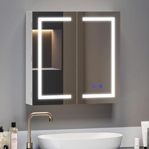 Image of joolihome living LED Bathroom Mirror Cabinet, 600x600mm,Demister, Dimmable, 3 Colour Light Makeup Mirror,Wall Mounted Bathroom Mirror Cabinet with Lights and Shaver Socket (60 x 60 cm)