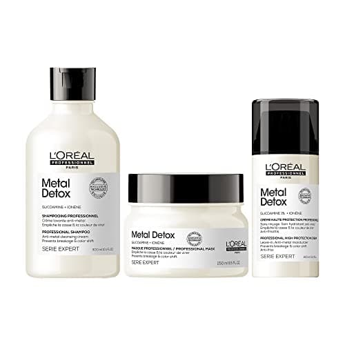Image of L’Oréal Professionnel Metal Detox Shampoo 300ml, Hair Mask 250ml & Leave-In Cream 100ml, Prevent Breakage & Colour Fade from hard water, for damaged, dull hair