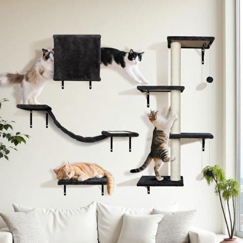 Image of OZD Cat Shelves, 4 in 1 Cat Wall Furniture, Modern Cat Climbing Wall for Indoor Cats, DIY Cat Wall Shelves with Cat Bridge Cat bed Scratching Post, Save space, Black, Holds Up to 10kg