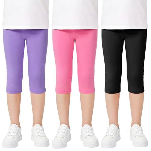 Image of Domueay Girls Leggings 3/4 Length Cotton Capri Legging, Pack of 3, Stretchy Breathable Soft Cropped Trousers Gymnastic Sports Tights Casual Wear Kids Clothes 7-8 Years, Black Purple Pink