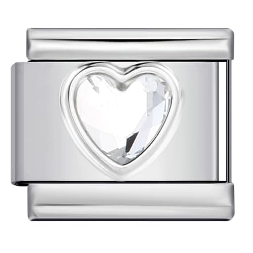 Image of Mon & Sons Smooth Love Heart Month Birth Year Birthday Stone Anniversary Birthstone Crystal Silver Italian 9mm Link Stainless Steel Bracelet Charm Compatible With 9mm Link