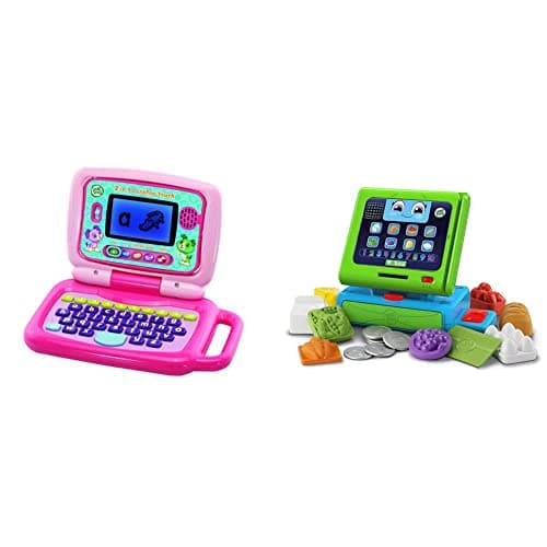 Image of LeapFrog 2 in 1 LeapTop Touch Laptop, Pink, Learning Tablet & Count Along Till Educational Interactive Toy Shop With 20-Piece Pretend Play Set, Teaches Numbers, Counting And Colours