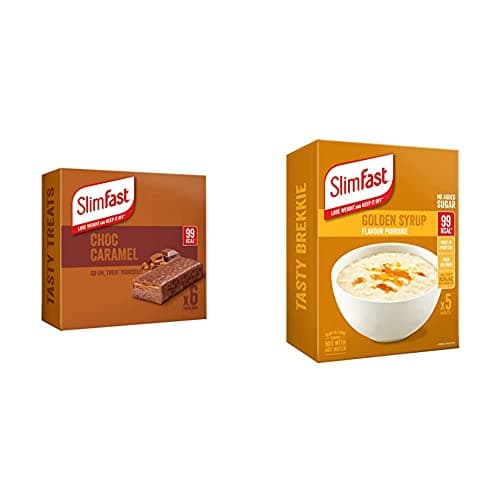 Image of SlimFast Snack Bar, Low Calorie Snack, Choc Caramel Flavour, 30 x 26 g Multipack & Golden Syrup Flavour Porridge, No Added Sugar, High in Protein, 20 x 29g Multipack
