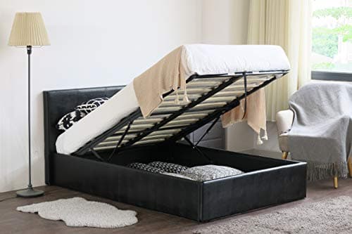 Image of MODERNIQUE Double Ottoman Storage Faux Leather Double Bed Frame (4FT6) Bounce Sprung Slats Base (Black, Double 4FT6)