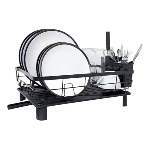 Image of Blackmoor Dish Drainer Rack/Detachable Cutlery Holder and Removable Draining Board Drip Tray/Durable and Space Saving for Kitchen Counter/Black or Chrome Design / 49 x 19.5 x 32.5 cm (Black)