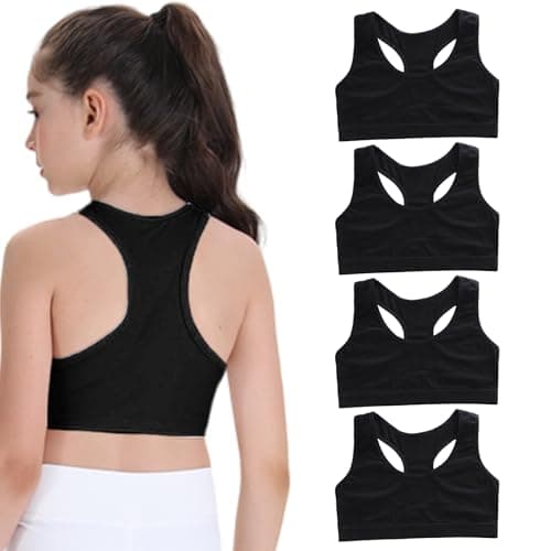 Image of FUIPVGI 4 Pack Girls Bra, Crop Tops for Girls, Soft Comfortable Cotton Girl Sports Bras Kids Underwear Non Padded Training Bras for Girl Kids Teens 9-14 Years (Black)