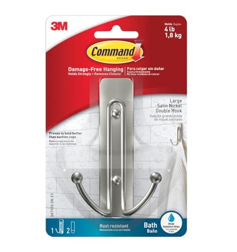 Image of Command Bathroom Large Double Hook, Pack of 1 Hook and 2 Adhesive Strips, Metal - Damage Free Hanging - Holds up to 1.8 kg, Satin Nickel