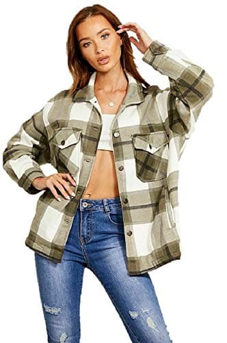 Image of Ladies Check Oversized Fleece Jacket Shacket Casual Winter Shirt (S, Khaki Check)