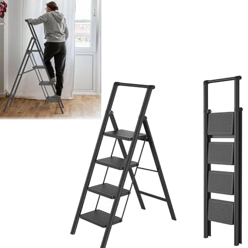 Image of SAILUN Folding Step Ladder, 4-Step, With Handrail, Steel Construction, Non-Slip Rubber Mats, Widened Steps, 250KG Load Capacity, Suitable for Home, Office, Garage, Black