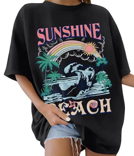 Image of Lonya Women's T-Shirts Oversized Tops for Women Y2k Sunshine Beach Letter Printed Round Neck Rainbow Graphic Tee Ladies Short Sleeve Summer Tops Casual Baggy Plus Size Cotton T Shirts, A-Black, L