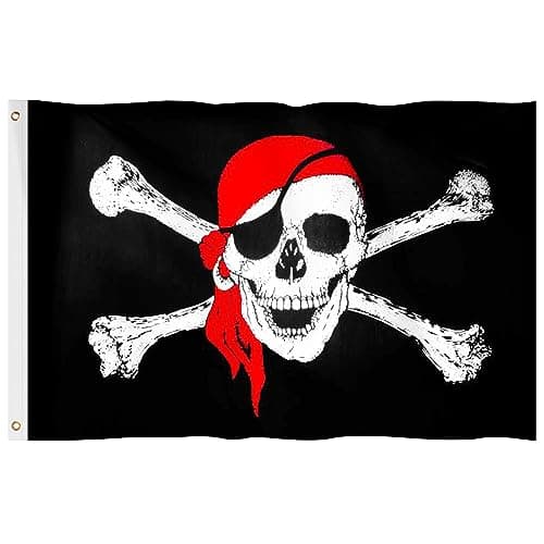 Image of Pirate Party Flag, Hianjoo Cosplay Pirate Costume Accessories 5ft x 3ft with Metal Eyelets, Vivid Color Fade Proof Polyester Canvas Header Double Stitched Halloween Decoration Skull Crossbones Flag