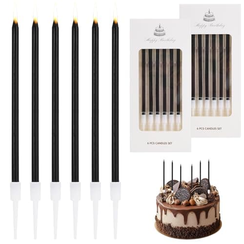 Image of 12 Pcs Black Birthday Candles, Long Thin Cake Candles with Holders - Black Birthday Candles for Cakes, Party Decorations, Wedding, Anniversary, Baby Shower