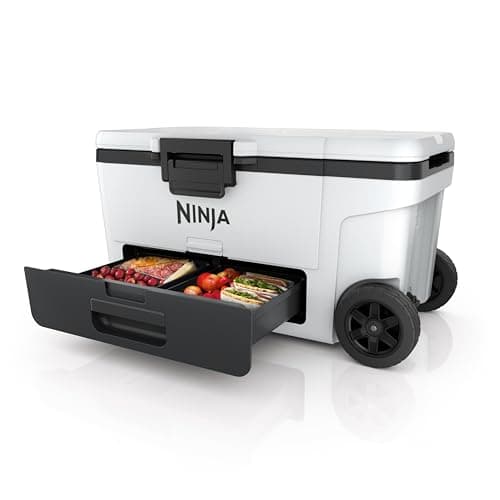 Image of Ninja FrostVault Heavy-Duty Insulated Cool Box, Wheeled Premium Cooler with Dry Zone Integrated Fridge-Temp Dry Storage Drawer, Keeps Ice for Days, Fits up to 97 Cans, Cloud White FB265EUUKWH