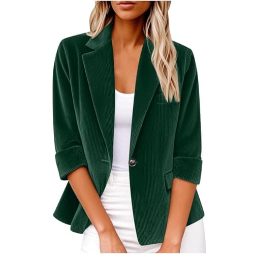 Image of Womens Blazer Uk Corduroy Notched Collar Cardigan Top One Button Tuxedo Jacket Smart Formal Suit Summer and Autumn Uk Slim Fit Loungewear Wear Ladies Outdoor Lounge Outift A-green