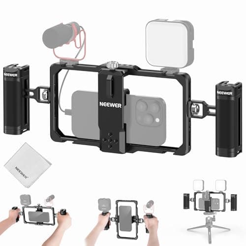 Image of NEEWER Upgraded Phone Rig Vlogging Kit, Video Cage Stabilizer with Dual Handle Wireless Mic Clip Slot Cleaning Cloth for TikTok YouTube Recording Compatible with iPhone Samsung Android SmallRig, PA009