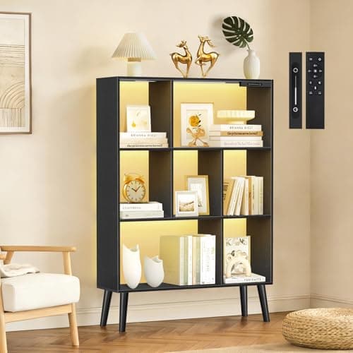 Image of OUTONLIFE 7-Cube Bookshelf with LED Lights, Touch & Remote Control, Freestanding Open Bookcase Storage Shelf, Dimmable Modern Wooden Display Organizer with Legs for Living Room, Bedroom, Office(Black)
