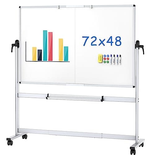 Image of VIZ-PRO Double-Sided Mobile Whiteboard, 180 x 120 cm, Magnetic Rolling Dry Erase White Board on Wheels with Aluminium Frame and Stand