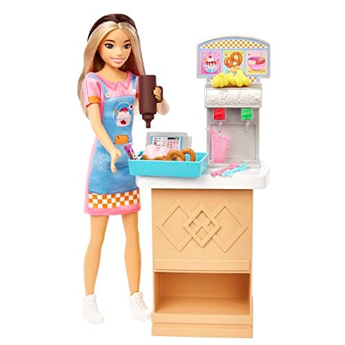 Image of Barbie Toys, Skipper Doll and Snack Bar Playset with Counter, Color-Change Sundae and 8 Additional Accessories, First Jobs, HKD79