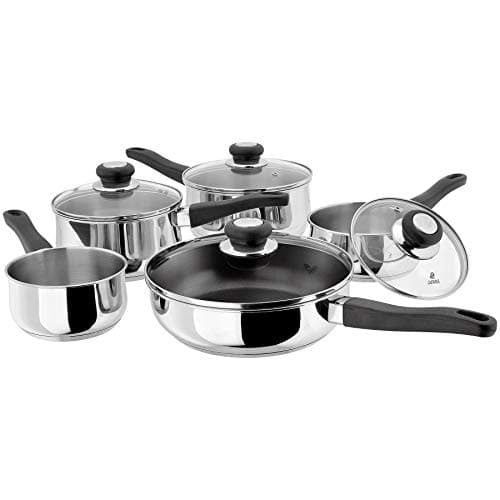 Image of Judge Vista 5-Piece Set of Stainless Steel Pans, 16cm, 18cm & 20cm Saucepans with Lids, 14cm Milk Pan, 24cm Non-Stick Sauté Pan