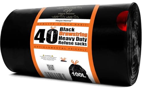 Image of H Haya Home Heavy Duty 100L Drawstring Bin Bags 40 Pack Large Tie Top Handle Rubbish Bin Liners Extra Thick Trash Bags for Household Waste, Kitchen Garden Office Strong Leak‑Resistant Refuse Sacks