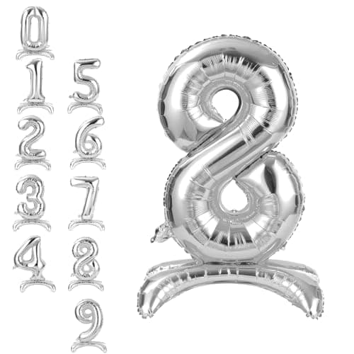 Image of APXEL Silver Standing Number 8 Balloons, 40 Inch Large Foil Number 8 Balloons, Self Inflating 8th Birthday Balloon for 8 Year Anniversary Birthday Party Christmas Decorations Supplies