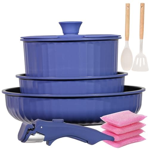 Image of Vivicreate 11 Piece Pots and Pans Set Nonstick with Removable Handle, Induction Cookware, Stackable Kitchen Set for RV Camping Apartment, Frying Pan and Saucepan (Blue)