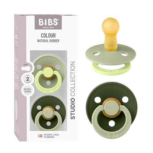 Image of BIBS Colour Studio Soother 2-Pack, BPA Free Dummy Pacifier, Round Nipple. Natural Rubber Latex, Made in Denmark, Size 2 (6-18 Months) - Sage/Huntergreen
