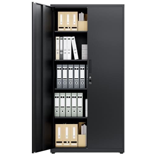 Image of LAND·VOI Steel Storage Cabinet, 5-Tier Lockable Cabinet with Adjustable Shelves, Double-Door Cupboard Storage, For Home, Office Storage, 40×80×181.5cm, Tall Cabinet, Black