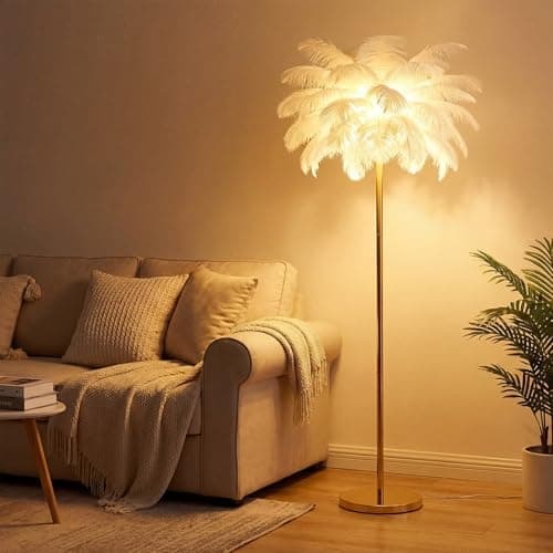 Image of serebrant White Feather Floor Lamp for Living Room, Ostrich Feather Lamp 3 Color Temperatures 1.6m Standing Lamp Tall with Foot Switch, Modern Standing Lamp for Bedroom, Office