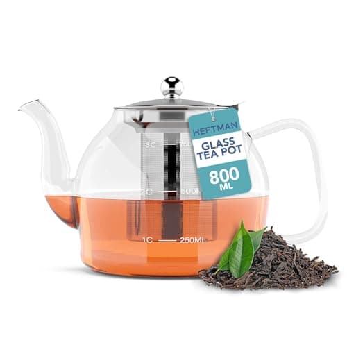 Image of HEFTMAN Glass Teapot 800ml - Clear Glass Teapot with Infuser for Loose Tea, Serves 2-4 Cups, Heat Resistant Borosilicate, with Non-Dripping Spout & Removable Stainless Steel Strainer/Lid