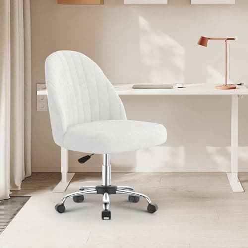 Image of naspaluro Small Swivel Makeup Vanity Chair, Velvet Dressing Table Chairs, White Comfy Desk Chairs for Bedroom/Home Office, Armless Cross Legged Office Chairs with Wheels, Spinning Salon Study Stool