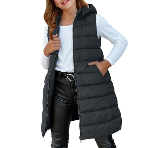 Image of Girls Long Puffer Vest Kids Padded Down Gilet Sleeveless Quilted Hooded Coat Teen Winter Waterproof Jacket Plain Thick Comfy Waistcoat Lightweight Packable Thermal Clothes (Black, 13-15 Years)